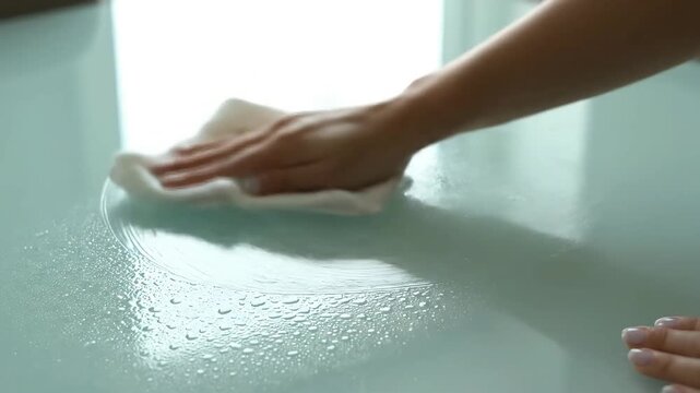 Person cleaning a white surface with spray and cloth