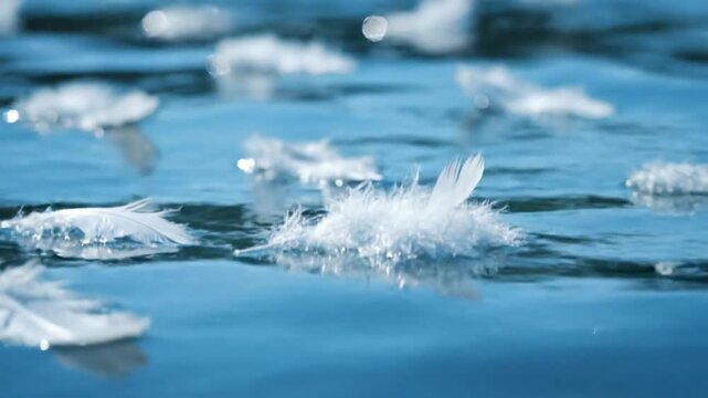 White feathers floating on blue water.