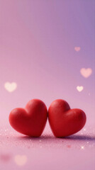 Two red hearts on sparkling pink background with glowing bokeh