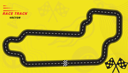 Creative vector illusion of race track isolated on yellow background. Speed race track design with creative icons.