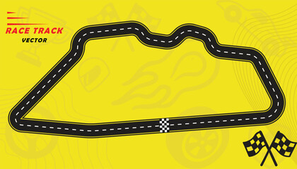 Creative vector illusion of race track isolated on yellow background. Speed race track design with creative icons.