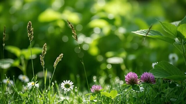 A serene and vibrant close-up shot captures the lush beauty of green grass and wildflowers, glistening with morning dew. Delicate white daisies and purple clover blossoms emerge from the verdant folia