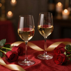 Two Wine Glasses Red Roses Romantic Dinner