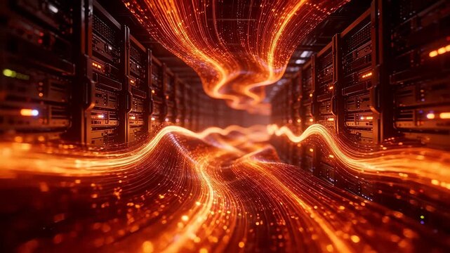 Server room with golden data streams and warm lighting