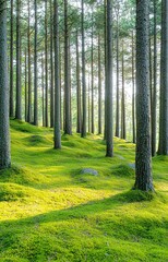 Serene Forest Path with Green Moss and Yellow Flowers