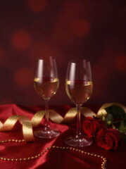 Romantic wine glasses with red roses on satin