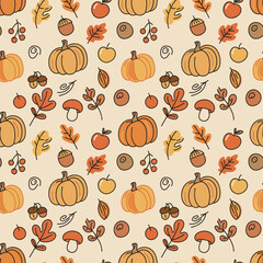 Cute autumn harvest seamless pattern with handdrawn pumpkins leaves acorns and berries