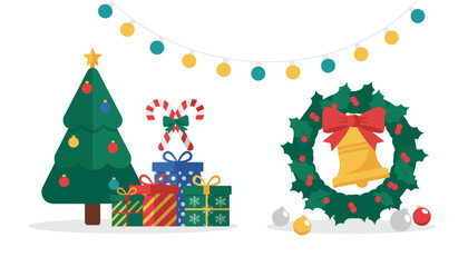 Holiday vector set Christmas tree stacked gifts festive wreath bell and string lights on white