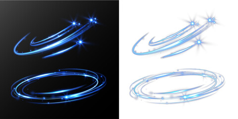 Abstract blue glowing light rings and star trails on black background. © NAUM