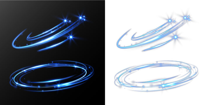 Abstract blue glowing light rings and star trails on black background.
