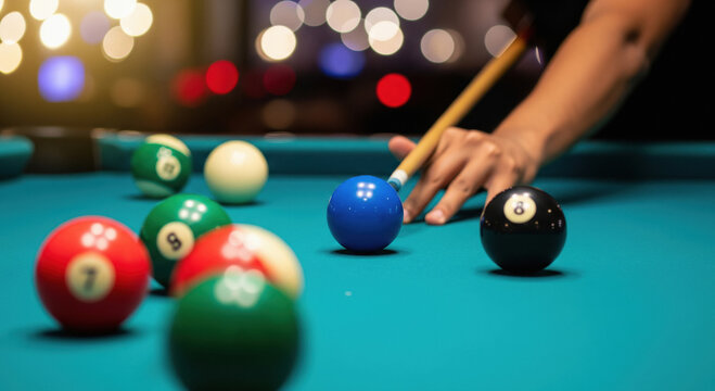 Billiard player taking a shot on a vibrant pool table