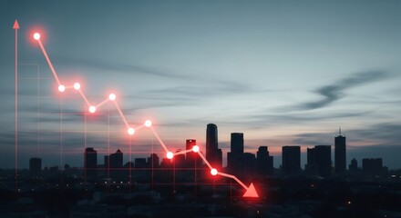 Red arrow pointing downward on financial graph. Business growth chart with falling trend line. Digital stock market data visualization for investment analysis.