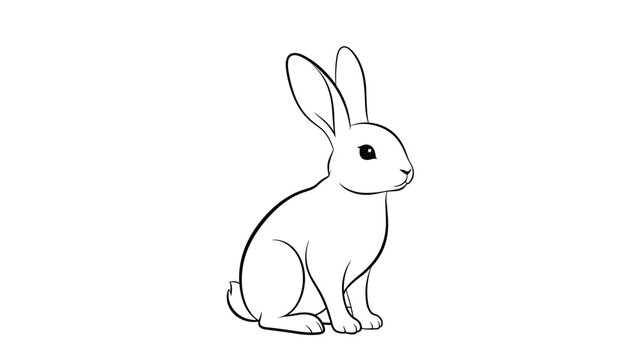 Minimalist black and white line art illustration of a sitting rabbit isolated on a plain white background for coloring or design.