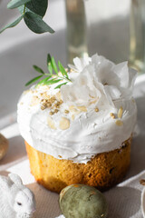 Traditional Easter cakes and painted eggs in white colors .Easter Kulich 
