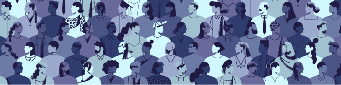 Banner with abstract silhouettes of diverse people. Crowd of citizens. Profiles of men and women group. Multiethnic society, multinational community, international unity. Flat vector illustration