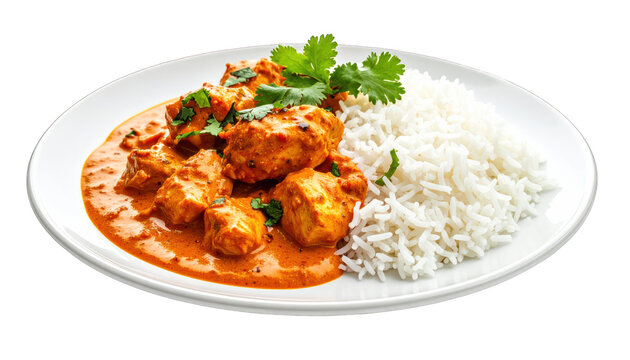 Delicious chicken korma served with basmati rice on a white plate garnished with fresh herbs, viewed from directly above
