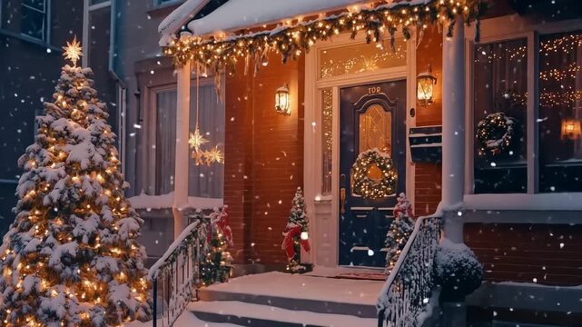Festive rowhouse house with Christmas lights and snow-covered decorations.