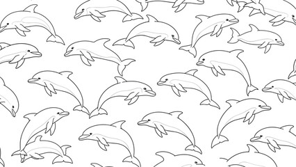 Dynamic seamless pattern of playful dolphins swimming and jumping illustrated in clean black and white line art.