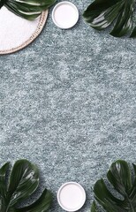 Minimalist Green Rug with White Bowls and Tropical Leaves