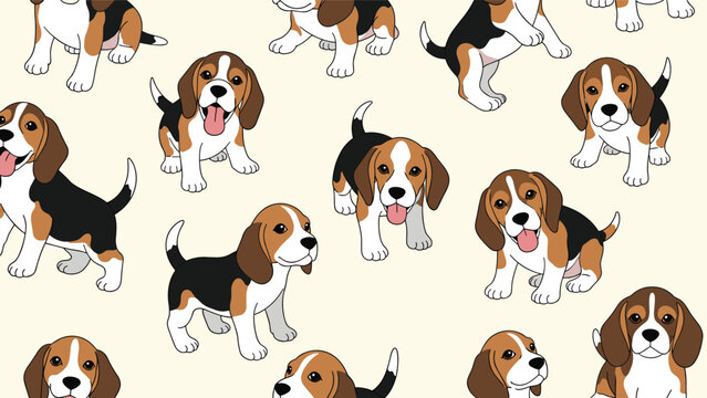 Adorable seamless pattern of friendly beagle puppies in various playful poses over a light cream-colored background.