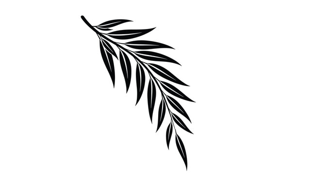 Minimalist black silhouette of a long leafy branch with slender foliage isolated on a clean white background for design.