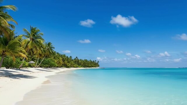 Experience the breathtaking beauty of a pristine tropical paradise. This serene wide shot captures a stunning, uninhabited white sand beach bathed in brilliant sunshine, bordered by a lush line of swa