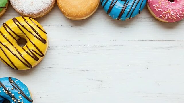 An inviting top-down view showcases a delightful array of colorful donuts, artfully arranged to frame a pristine white wooden surface with ample copy space. Each donut boasts a unique, vibrant glaze i