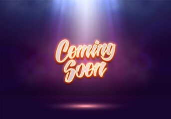 Coming Soon banner illuminated by spotlights. Ceremony presentation or grand opening. Vector illustration.
