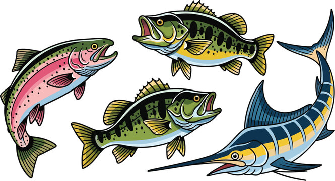 Vibrant collection of popular game fish, including rainbow trout, largemouth bass, and marlin, depicted in a dynamic, colorful illustration style.