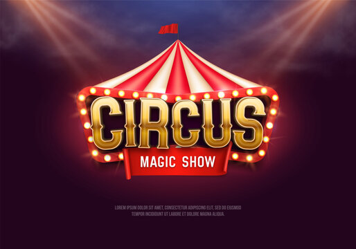 Circus retro banner with illuminated billboard and tent. Vintage poster for carnival show, funfair festival or amusement entertainment event. Vector illustration.