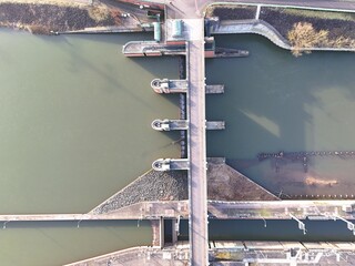 Aerial View of Saar River Weir and Lock System in Saarbr&uuml;cken, Germany