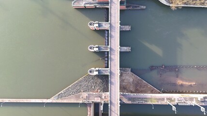 Aerial View of Saar River Weir and Lock System in Saarbr&uuml;cken, Germany
