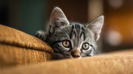 Adorable tabby kitten peeking over the edge of a cozy couch, capturing a moment of curiosity and playfulness in a warm and inviting living space