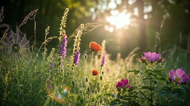 This enchanting scene captures the pristine beauty of a wild meadow bathed in the warm, golden light of morning or late afternoon. Delicate dew drops glisten like jewels on a meticulously spun spiderw