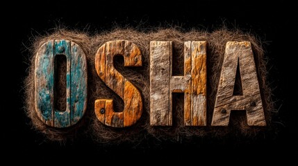 Wooden letters spelling OSHA arranged on a dark background with a textured base highlighting efficiency and safety standards in workplaces