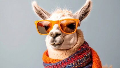 Fototapeta premium Stylish Llama Portrait - A Fashionable Animal with Sunglasses and Scarf.