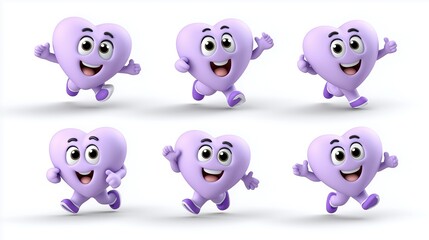 Collection of six lively purple hearts displaying happiness and playfulness for various design uses