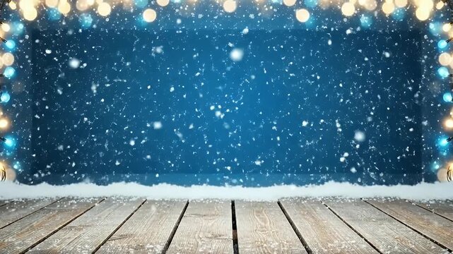 This enchanting winter scene features a rustic wooden plank surface, lightly dusted with fresh snow, providing an ideal base for product display or text overlay. The backdrop is a serene deep blue, th