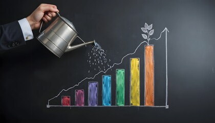 Hand watering graph showing growth and progress in business with increasing trend