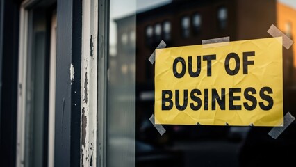 Weathered yellow "Out of Business" sign sadly details economic challenges facing a distressed small business storefront