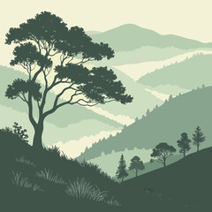 Layered Mountain Hills with Soft Morning Haze, Clean Vector