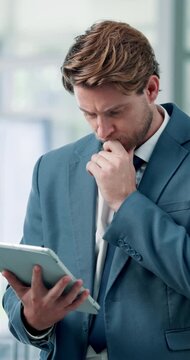 Review, thinking or man in office with tablet, schedule change or research for company pitch. Reading, scroll and employee with tech, agenda update or business proposal ideas in internet search.