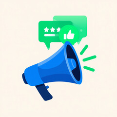 Blue megaphone broadcasting positive feedback with star ratings and thumbs up symbol in speech bubbles transparent background