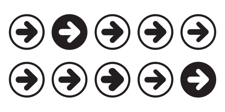 Group of rightward pointing arrows inside circles on white background