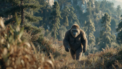 Majestic Ape Walking Through Lush Savannah Landscape