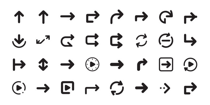 Set of arrow and playback icons, rounded shapes, circular arrows, play button, vector graphics