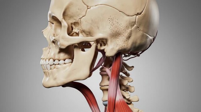 Medical illustration of human skull and neck anatomy on a neutral background