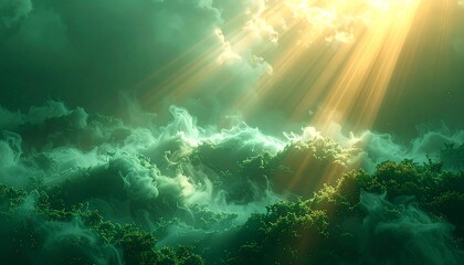 Obraz premium Sunlight Breaking Through Cloudy Skies Over Lush Foliage Creating an Ethereal Atmosphere and Serene Landscape View