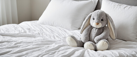 Plush rabbit toy tucked in bed