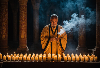 Priest conducting ritual with candles and incense